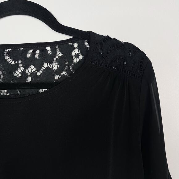 Roz & Ali Medium M Black Lace Inset Sheer Long Sleeve Blouse Top Round Neck - Picture 3 of 7
